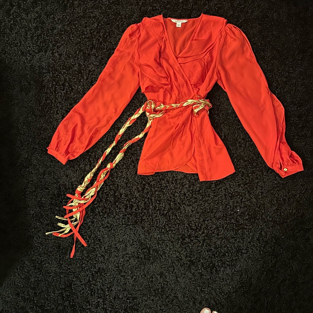 Elegant Red Wrap Blouse showstopper of a blouse . Gorgeous reddish orange color